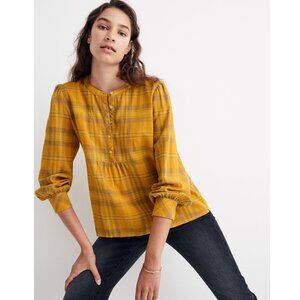 Madewell Leysfield Popover Top S Yellow Plaid Flannel Long Sleeve Shirt Fall